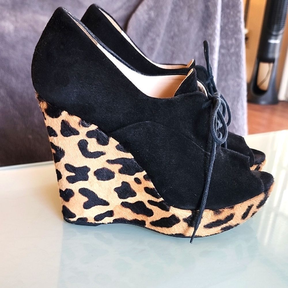 Prada‎ Black Suede Cheetah Print Calf Hair Peep Toe Lace Up Wedge Heel Size 6.5